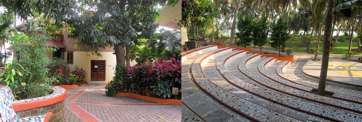 Host you event at kanthari - Image of amphi theatre and entrance of office block