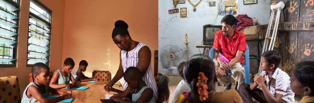 blind children receive braille training in Ghana and on the right, Raja KR speaking with beneficiaries of his GNE organisation