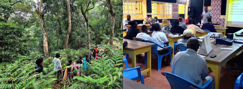 Akhina and students in the jungle of Kerala and Tobi Adegbite during training in Kenya