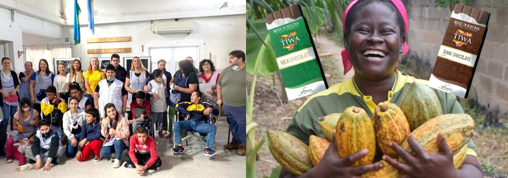 Lorena Julio with beneficiaries in Argentina and TIWO Chocolate made by Springboard farmers in Nigeria