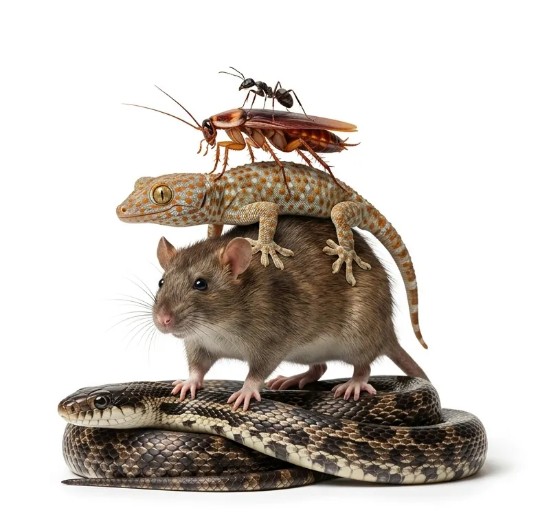 ants - Cockroaches, Geckos, Rats, rat snakes