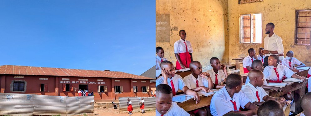 Mother Mary High school, Kagadi and Ian in a classroom